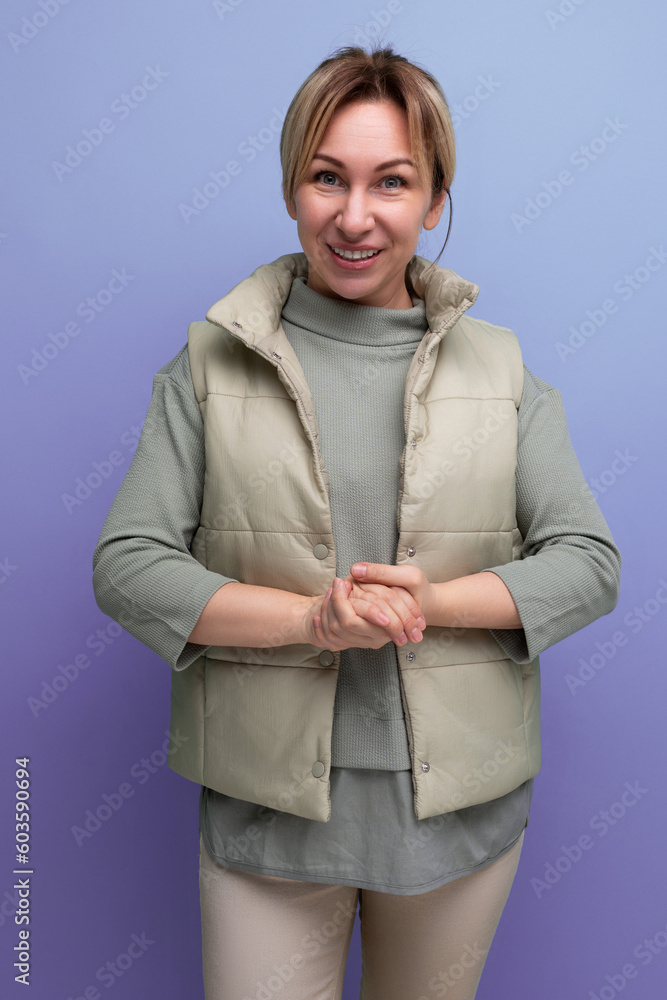 positive european young blond woman in casual outfit positive european young blond woman in casual outfit