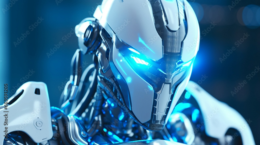 close-up shot of a futuristic robot with sleek metallic textures and glowing neon lights, showcasing advanced artificial intelligence capabilities and cutting-edge technology close-up shot of a futuristic robot with sleek metallic textures and glowing neon lights, showcasing advanced artificial intelligence capabilities and cutting-edge technology