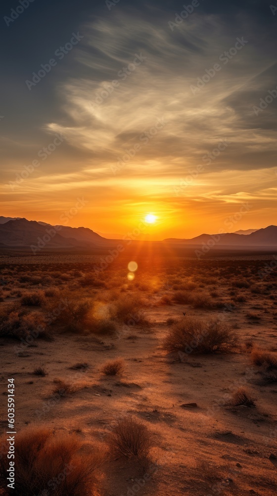 A serene desert landscape evokes a sense of calmness and solitude, with its vast expanse and peaceful isolation.