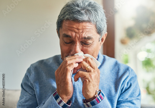 Canvastavla Senior man, sick and blowing nose in home from virus, allergy and illness on couch