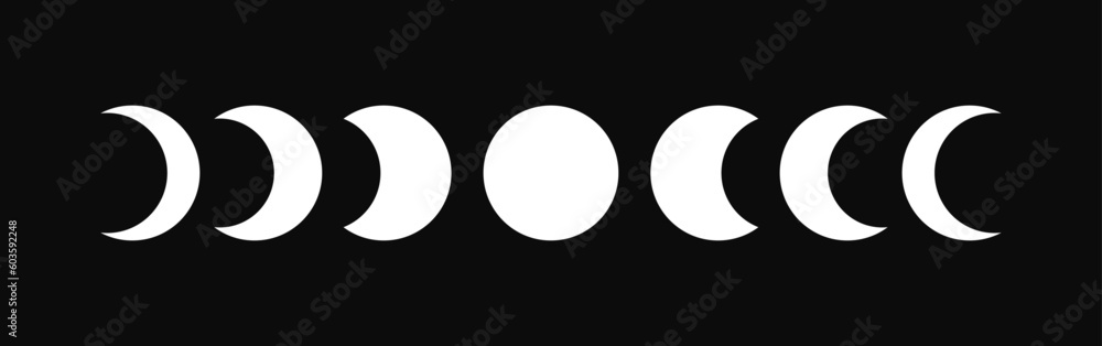 Moon phases astronomy icon silhouette symbol set. Full moon and crescent sign logo. Vector illustration. Isolated on Black background. Moon phases astronomy icon silhouette symbol set. Full moon and crescent sign logo. Vector illustration. Isolated on Black background.