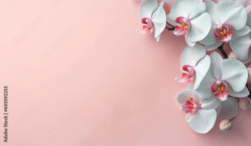 peonies delicated flowers of orchid flatlay with large empty plain pastel background for text mockup generative ai peonies delicated flowers of orchid flatlay with large empty plain pastel background for text mockup generative ai