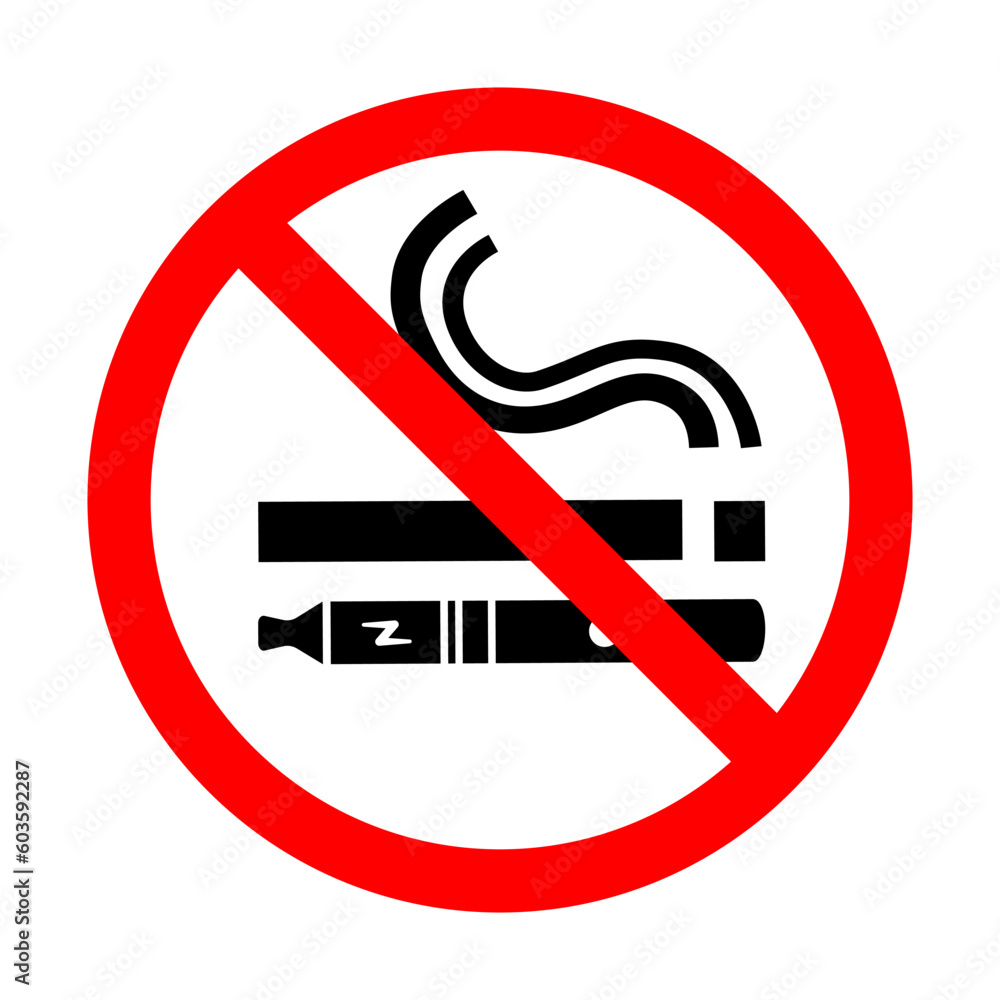 No smoking no vaping sign. Forbidden sign icon isolated on white background vector illustration. Cigarette, vape and smoke and in prohibition circle. No smoking no vaping sign. Forbidden sign icon isolated on white background vector illustration. Cigarette, vape and smoke and in prohibition circle.