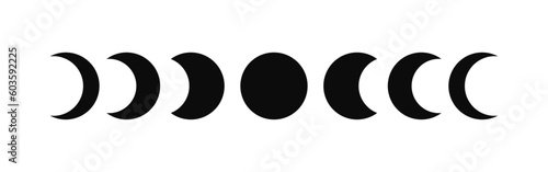 Moon phases astronomy icon silhouette symbol set. Full moon and crescent sign logo. Vector illustration. Isolated on White background.