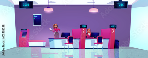 Bank customer support office with electronic queue. Vector cartoon illustration of female help desk employees consulting clients on phone, working on computer in large reception hall with chairs