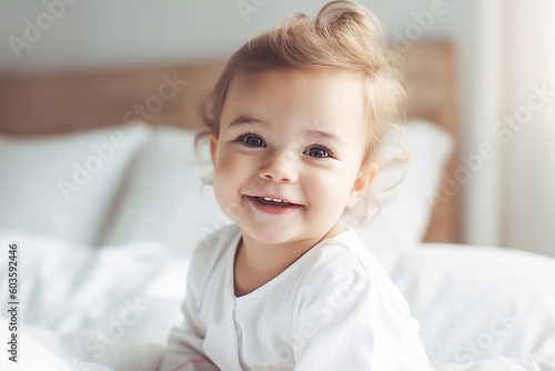 Leinwand Poster Portrait of happy cute baby, generative ai.
