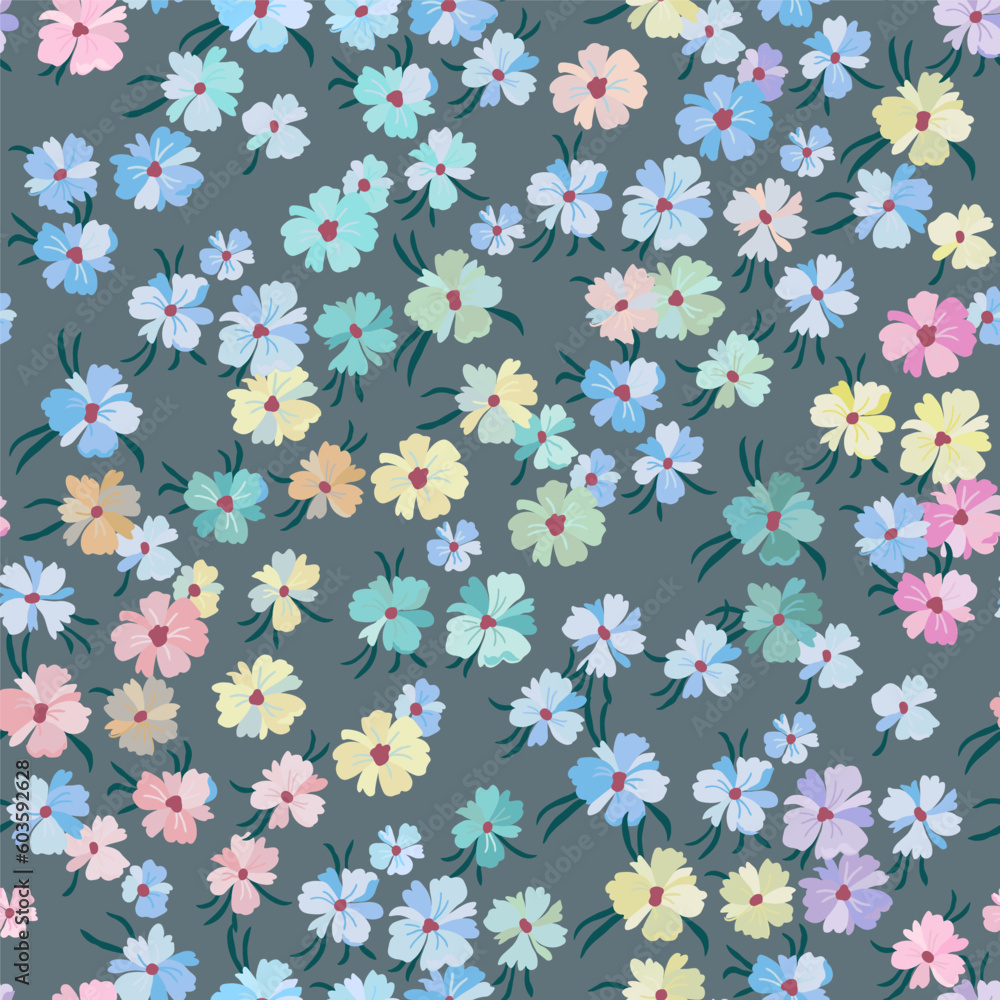 Vector seamless pattern with lots of small flowers of different colors on a gray-green background. Vector seamless pattern with lots of small flowers of different colors on a gray-green background.