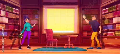 Cartoon man and woman choosing books in library. Vector illustration of female and male characters in large room with wooden bookshelves, vintage table and chair. Literature club. Reading hobby