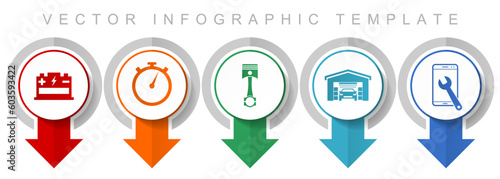 Workshop icon set, miscellaneous pointer icons such as battery, timer, piston, car cleaning and phone service for webdesign and mobile applications, modern design infographic vector template