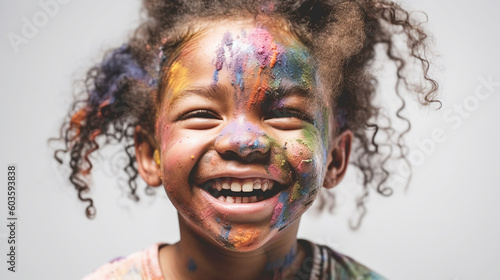 Happy baby girl with colorful paint on her face, generative ai.