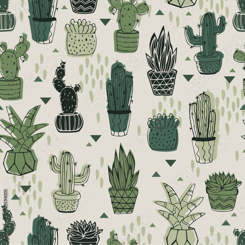 Hand drawn decorative seamless pattern with cactus and succulents. Perfect for fabric, textile. Vector background.