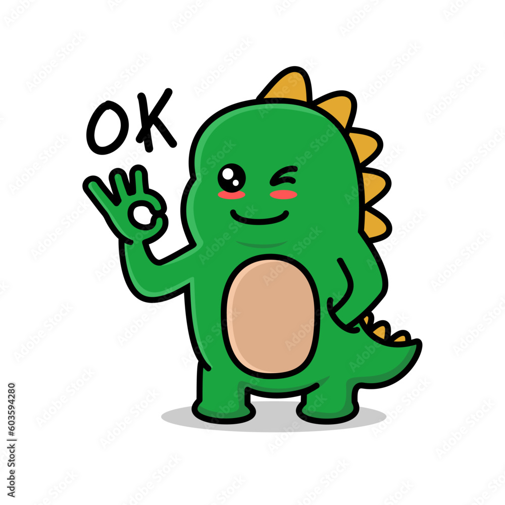 Vector illustration of a cute green dino with a gesture and says ok Vector illustration of a cute green dino with a gesture and says ok