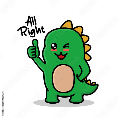 Vector illustration of a cute green dino with a gesture of thumbs up and saying all right