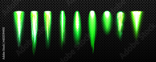 Green rocket spaceship fire light smoke trail vfx. Engine flame png vector effect for game. Launch shuttle speed burst glow asset illustration kit. 3d isolated neon firework flight take off.