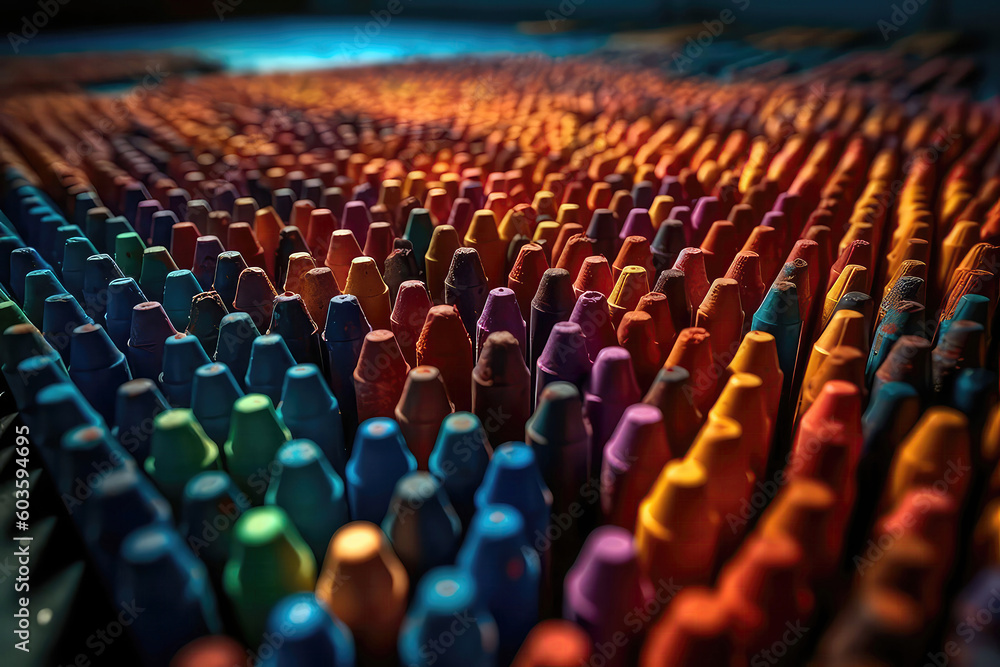Fototapeta premium Series Of Colored Crayons Are Lined Up On Ground. Generative AI