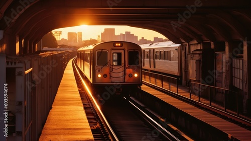 Los Angeles metro train makes its way into a tunnel as the sun sets on the horizon. Generative AI