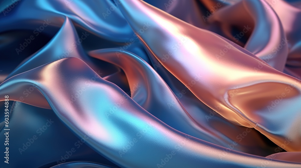 Blue, Rose Gold Silk Fabric in Wavy Shiny Abstract Background. Generative AI Blue, Rose Gold Silk Fabric in Wavy Shiny Abstract Background. Generative AI