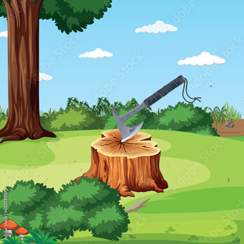 Cut wooden tree with realistic axe