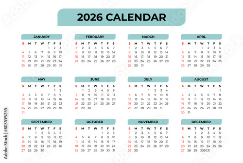 2026 Basic Calendar in White Background