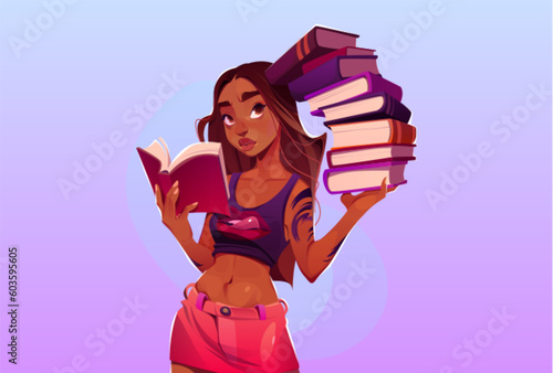 Black student woman reading book cartoon vector. Female adult study and read pile of textbook. African thin young schoolgirl character holding many literature hobby lifestyle on purple background