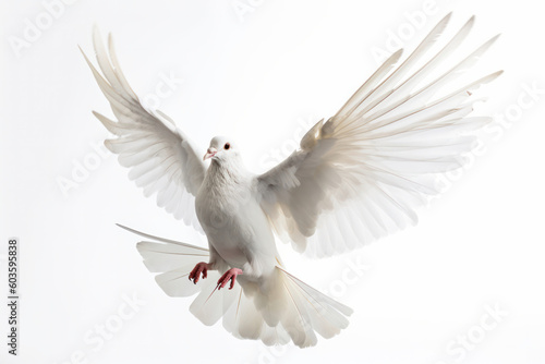 This beautiful white bird in flight, with its wings spread wide and feathers fluffed, is a true marvel of nature. AI Generative.