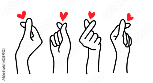 Korean heart sign. Finger love symbol. Happy Valentines Day. I love you hand gesture. Vector illustration isolated on white background. Hand drawn design for print greeting cards, banner, poster