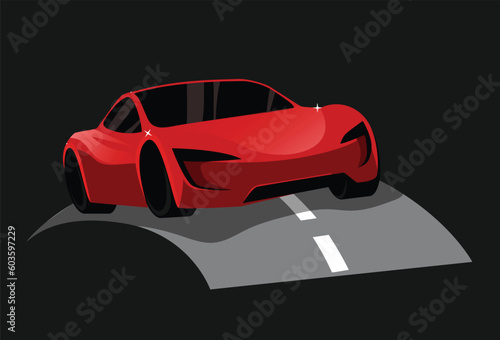 Red sports car vector racing on a road with a perspective view. The shiny car looks amazing on vehicle related business ot posters. Can be made as a logo or printed on t shirt. Best for gaming pfp