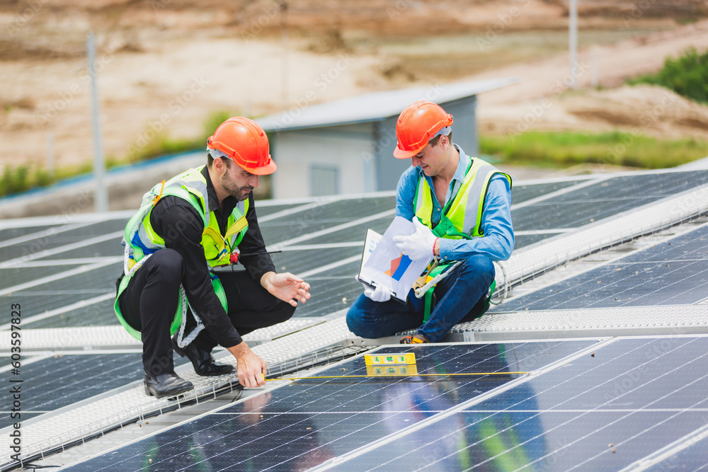 Professional specialist technician engineer working to maintenance checking and installing solar roof panel on the factory rooftop under sunlight. Worker inspection team for smart grid ecology energy Professional specialist technician engineer working to maintenance checking and installing solar roof panel on the factory rooftop under sunlight. Worker inspection team for smart grid ecology energy