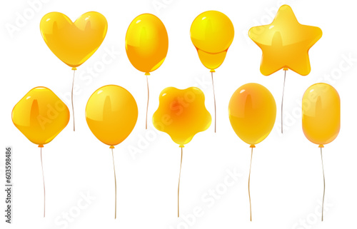 Vector isolated yellow cartoon party balloon set. Birthday celebration with ballon icon bundle. carnival inflatable decoration on string different element on white background. Heart and star decor