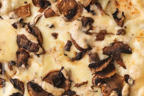 Mushroom pizza with cream cheese, close-up, background