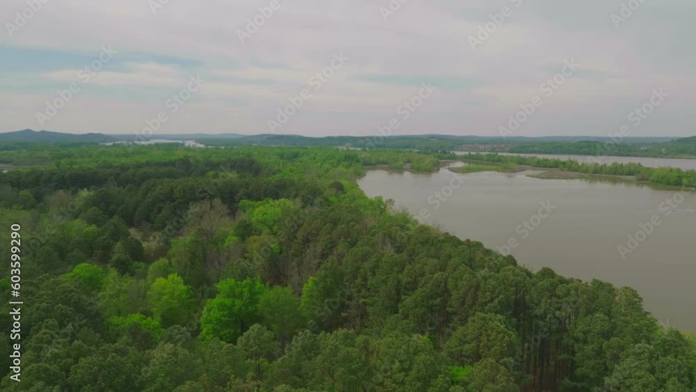 Wooded Trail At Two Rivers Park Bridge In Little Rock, Arkansas, USA. Aerial Drone Shot Wooded Trail At Two Rivers Park Bridge In Little Rock, Arkansas, USA. Aerial Drone Shot