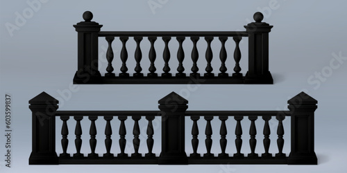 3d black balcony balustrade with roman stone pillar. Palace porch fence vector isolated marble terrace parapet. realistic decorative european railing design element with baroque column png set