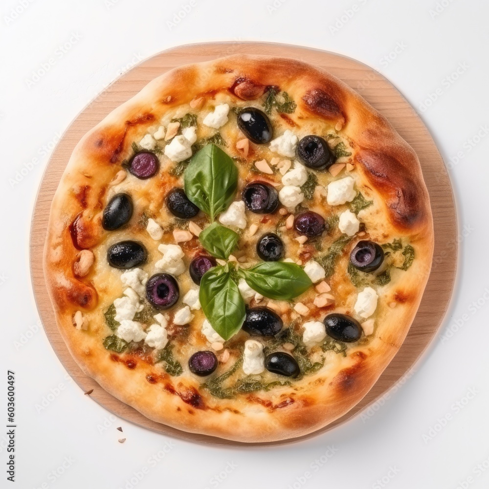 Feta Cheese pizza Top View Isolated on White. Generative AI Feta Cheese pizza Top View Isolated on White. Generative AI