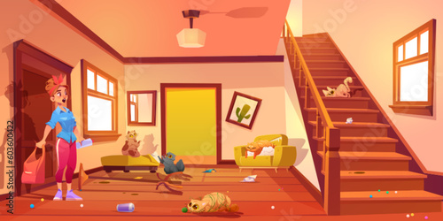 Woman cat owner shocked in messy hall interior cartoon vector background. Door entrance in home apartment with wooden floor and wooden furniture. Pet damage hallway corridor room with staircase