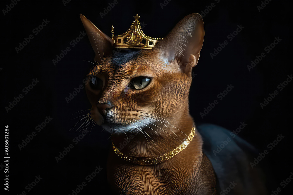 Beautiful Abyssinian Cat In Gold Crown On Matte Black Background. Generative AI