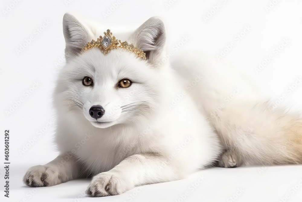 Beautiful Arctic Fox In Gold Crown On White Background. Generative AI