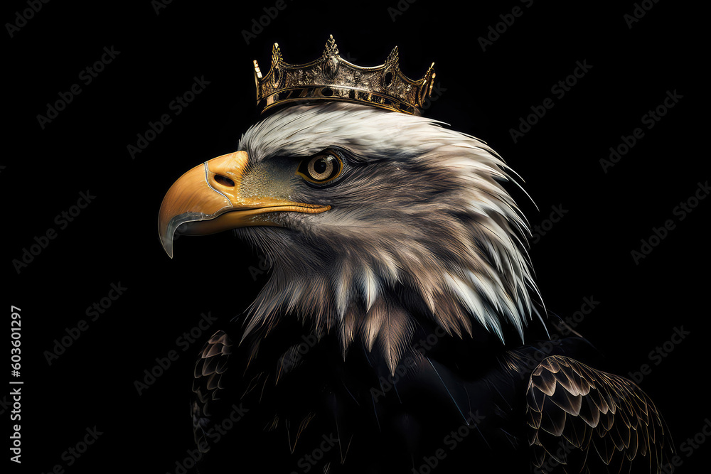 Fototapeta premium Beautiful Bald Eagle In Gold Crown On Matte Black Background. Generative AI