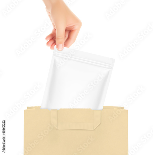 The right hand holds the pouch bag over the kraft paper bag. Vector illustration isolated on a white background. Can be used to present your product. EPS10.