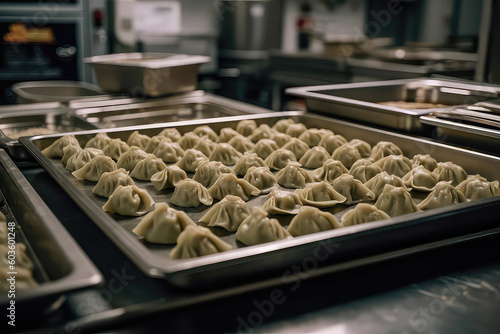 Tray Of Nitrogenfrozen Savory Dumplings Awaiting Steaming. Generative AI