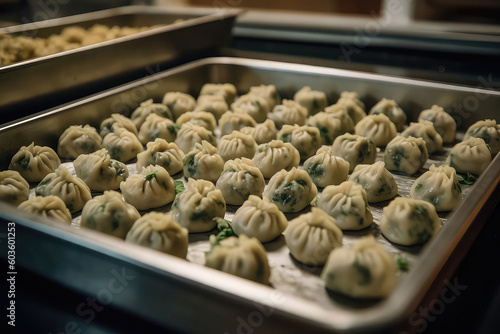 Tray Of Nitrogenfrozen Savory Dumplings Awaiting Steaming. Generative AI photo