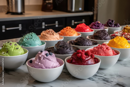 Vibrant Display Of Nitrogen Ice Cream Flavors In Bowls. Generative AI photo