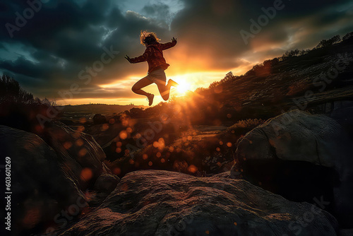 Woman Is Jumping In Air At Sunset. Generative AI © Anastasiia