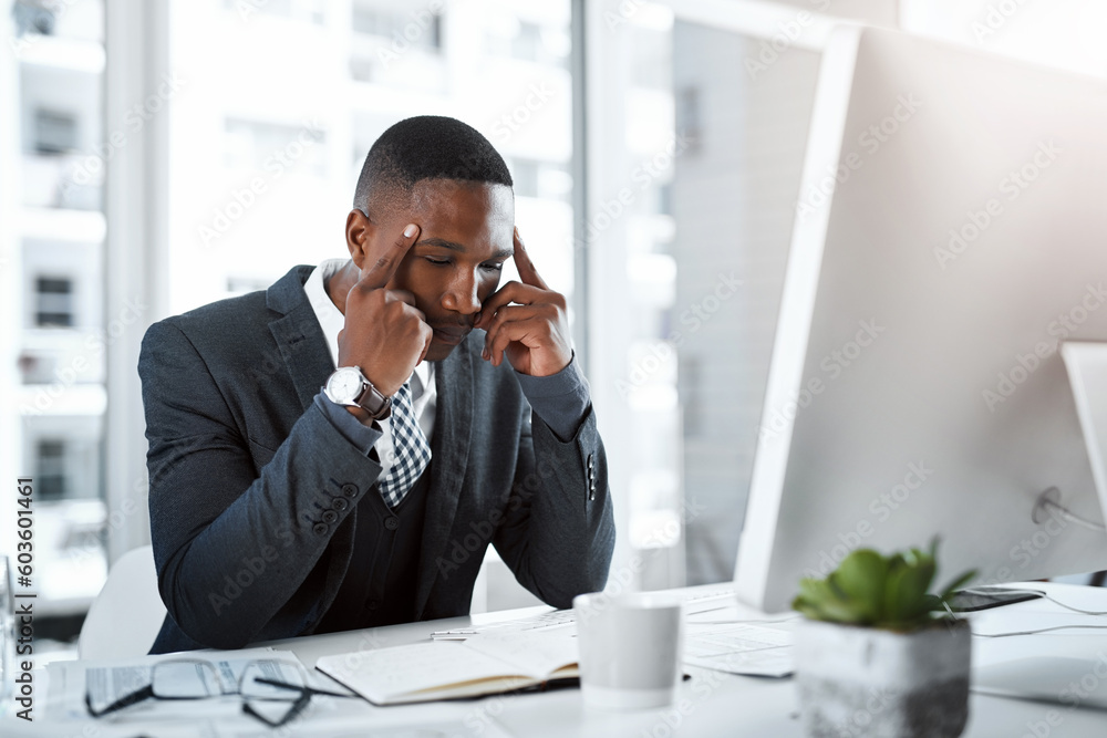 Corporate black man, headache and stress in workplace with burnout, depression and pain in office. Male professional at desk, migraine and tired person, overworked with anxiety and business crisis Corporate black man, headache and stress in workplace with burnout, depression and pain in office. Male professional at desk, migraine and tired person, overworked with anxiety and business crisis