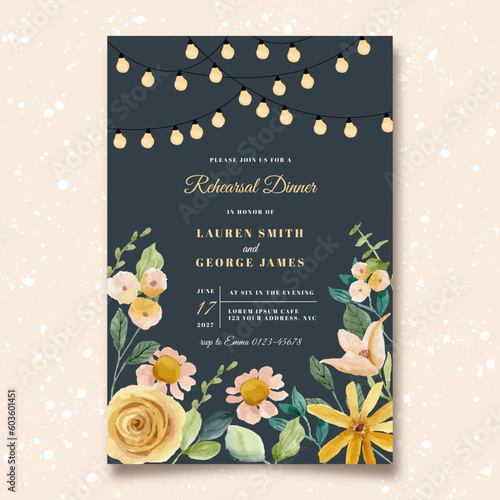 rehearsal dinner invitation with string light and yellow floral frame
