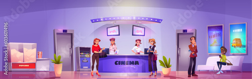 Cinema office hall with ticket and popcorn bar. Women seat near movie premiere poster on armchair. Theater vendor machine with pop corn and female counter behind reception. Theatre lobby interior