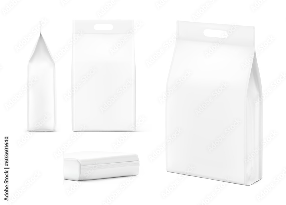 Hyper realistic vertical bag mockup. Three side view. Vector illustration isolated on white background. Can be use for template your design, presentation, promo, ad. EPS10. Hyper realistic vertical bag mockup. Three side view. Vector illustration isolated on white background. Can be use for template your design, presentation, promo, ad. EPS10.