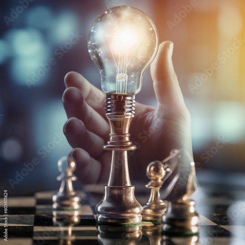 double exposure Illuminating Business Planning with Hand Holding a Light Bulb with Chess Game Concept for Smart Ideas, Created by Generative AI