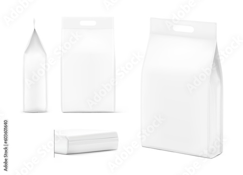 Hyper realistic vertical bag mockup. Three side view. Vector illustration isolated on white background. Can be use for template your design, presentation, promo, ad. EPS10.