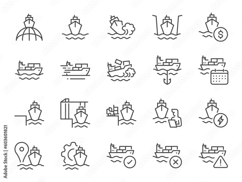 Sea freight icon set. It included the shipping, route, container, dockyard, cargo, and more icons.
