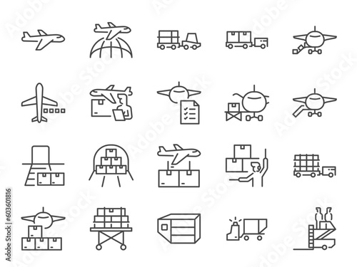 Air freight icon set. It included the shipping, plane, container, flight, cargo, and more icons.
